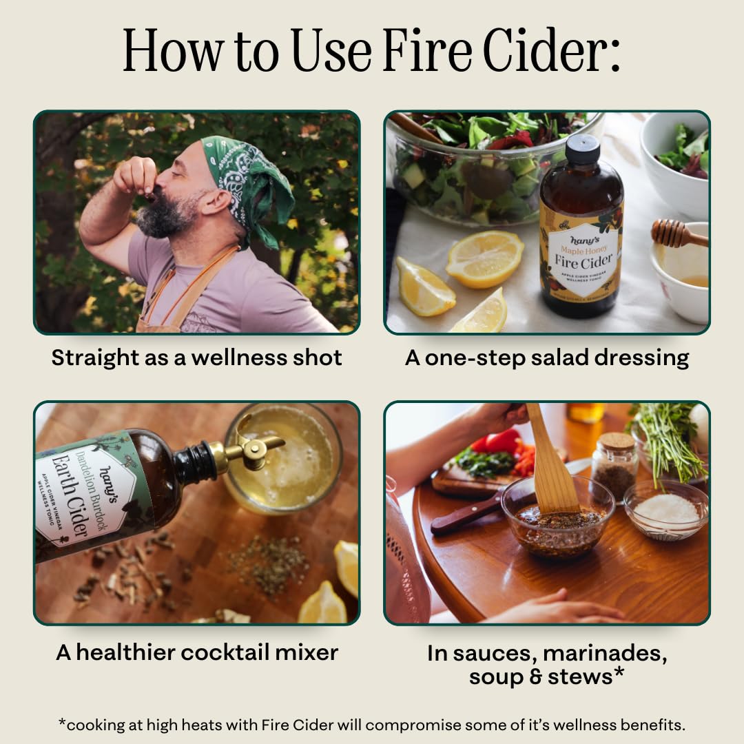 Product label on Hanys Fire Cider highlighting non-GMO, gluten-free, paleo-friendly notes