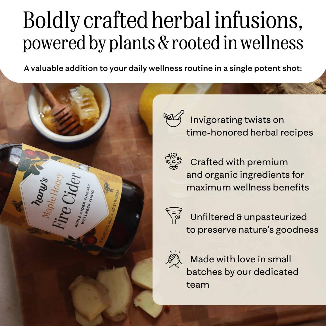Pouring Hanys Harvest Maple Honey Fire Cider into tea for a spicy, flavorful lift
