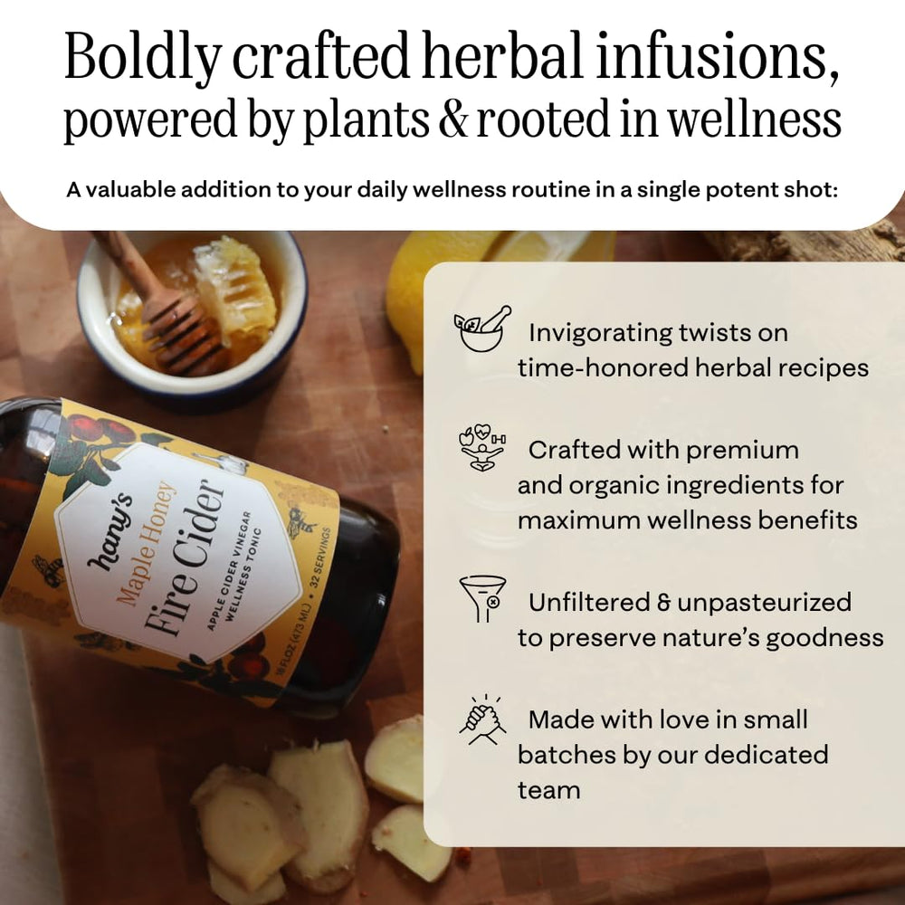 Pouring Hanys Harvest Maple Honey Fire Cider into tea for a spicy, flavorful lift