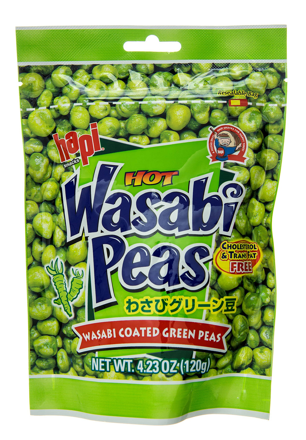 HAPI Wasabi coated green peas in a resealable pouch for a spicy, convenient snack.