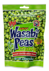 HAPI Wasabi coated green peas in a resealable pouch for a spicy, convenient snack.