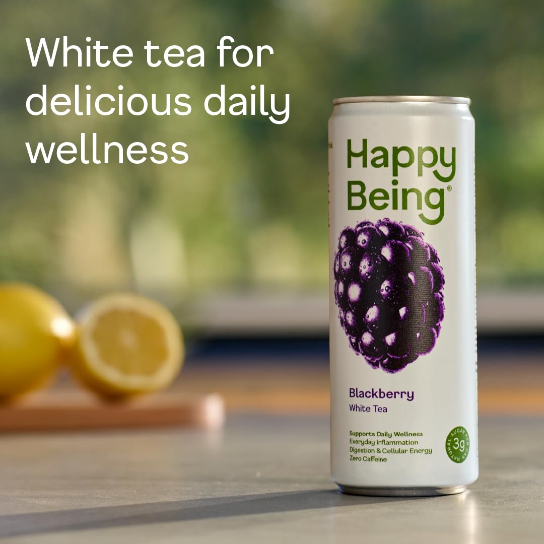 Happy Being Blackberry White Tea bottle side — elegant, low-sugar hydration for daily routines.