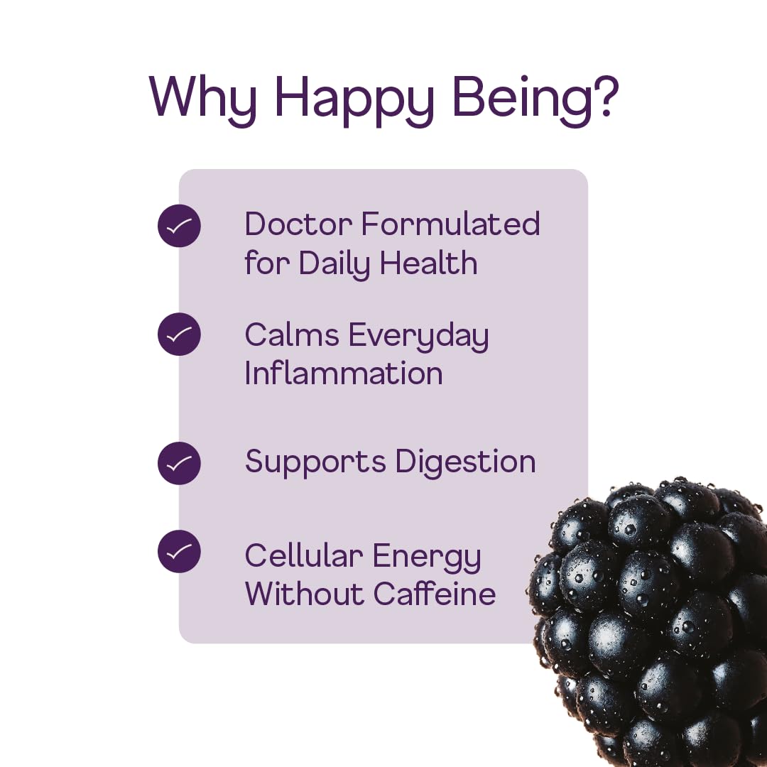 Happy Being Blackberry White Tea caffeine-free indicator — no jitters, consistent, gentle energy.