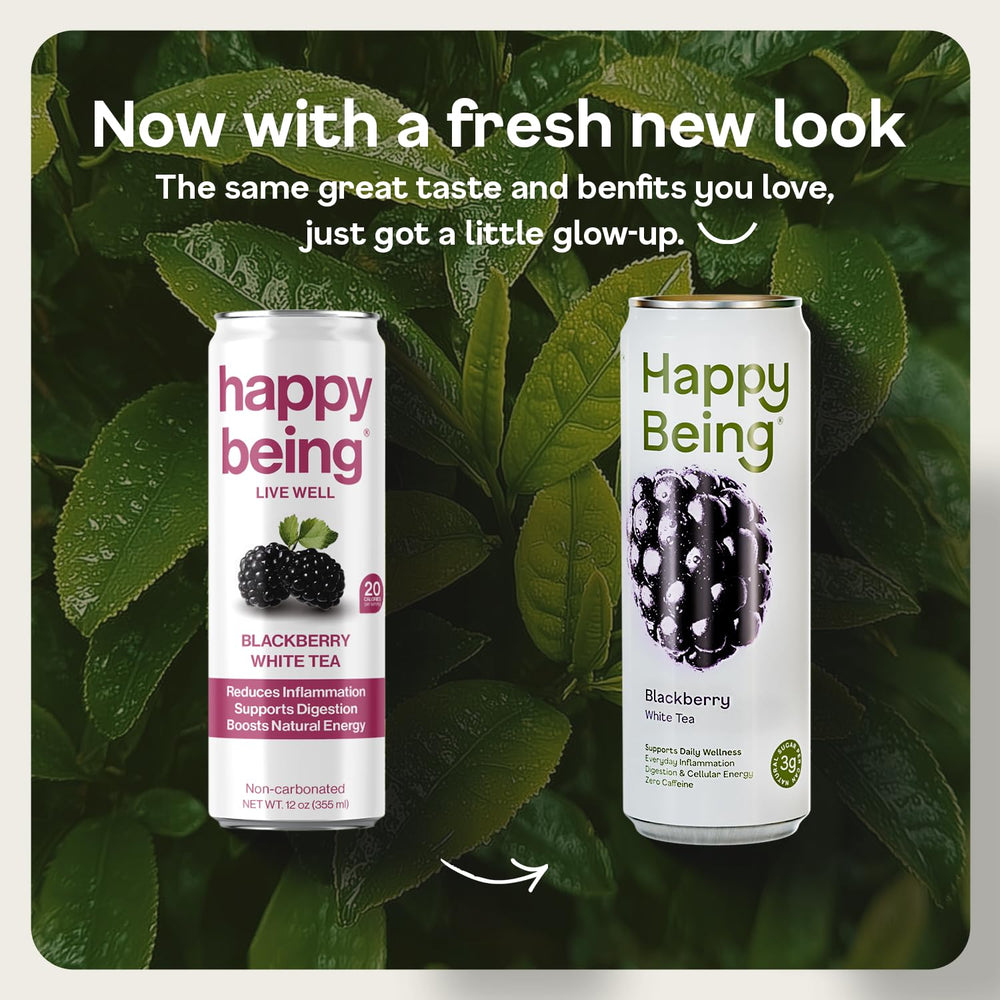 Happy Being Blackberry White Tea ingredients shot — blueberries and green tea extract boost polyphenols.