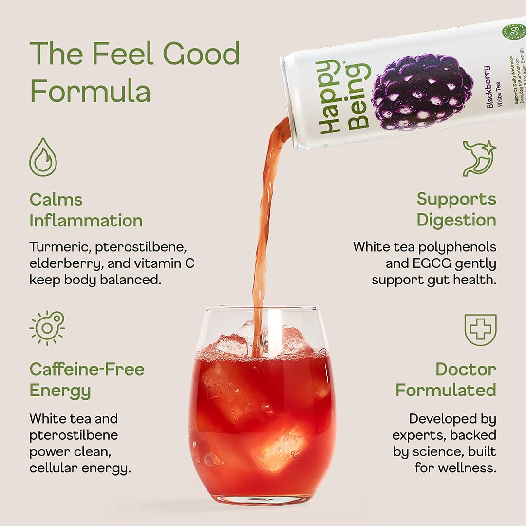 Happy Being Blackberry White Tea label close-up — antioxidant-rich blend with turmeric and elderberry.