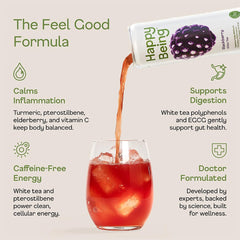 Happy Being Blackberry White Tea label close-up — antioxidant-rich blend with turmeric and elderberry.