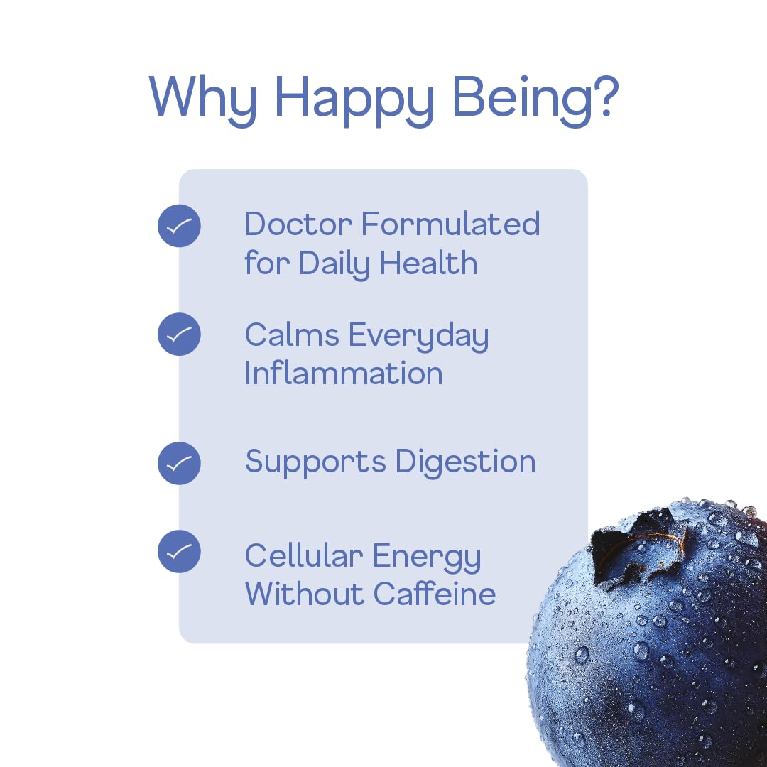 Happy Being Blueberry Sparkling White Tea bottle with fresh blueberries for a bright flavor cue.