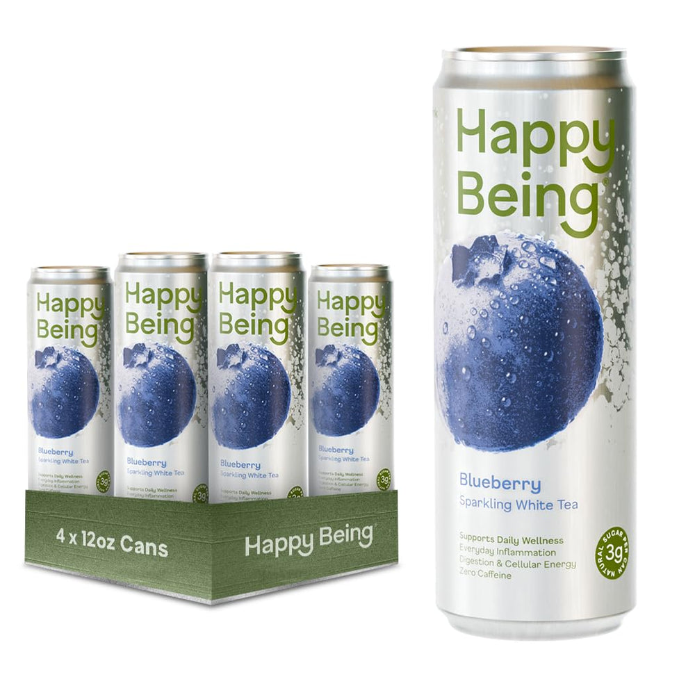 Happy Being Blueberry Sparkling White Tea bottle poured over ice for refreshing hydration.
