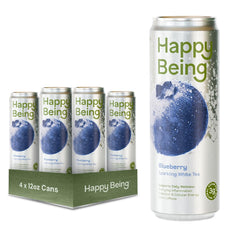 Happy Being Blueberry Sparkling White Tea bottle poured over ice for refreshing hydration.