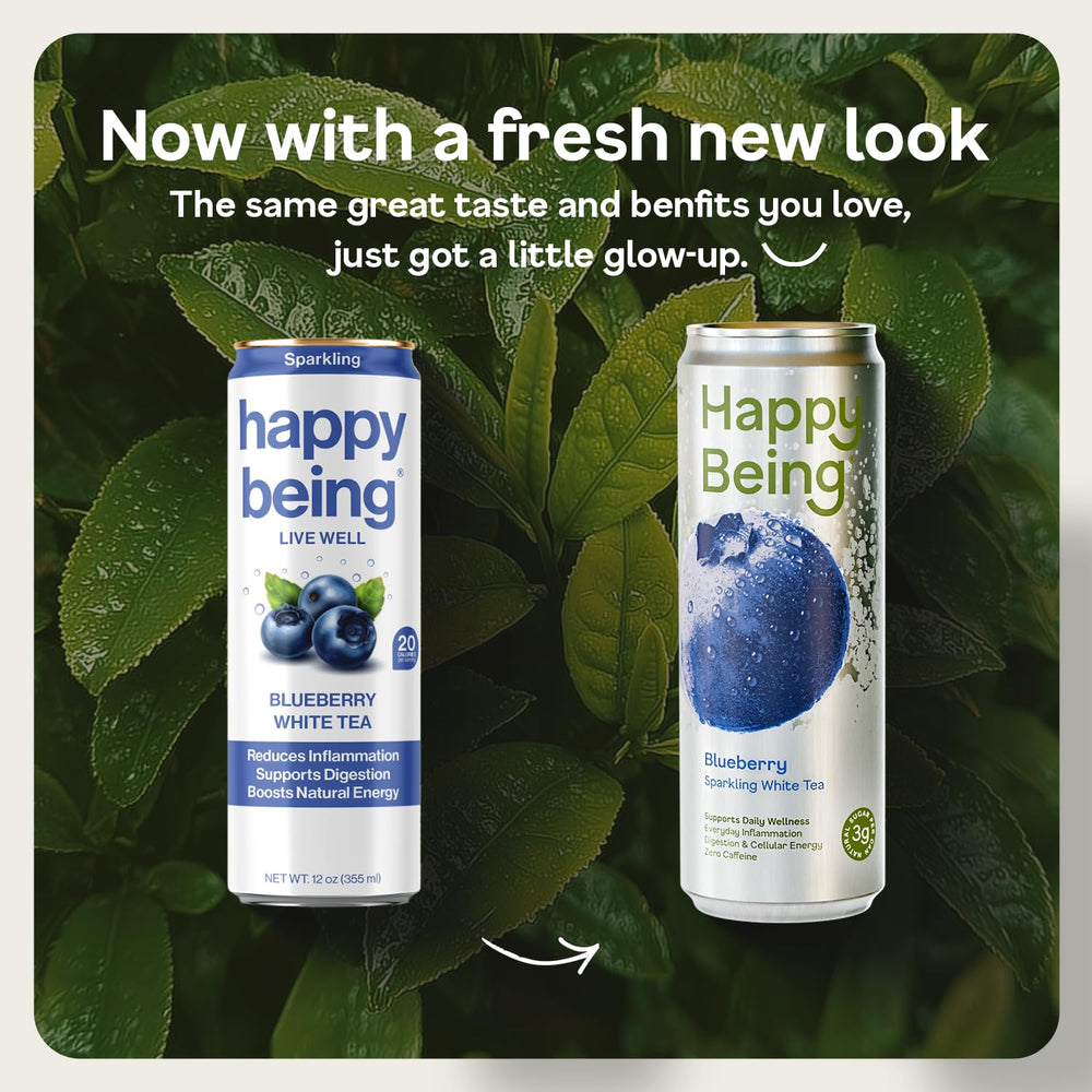 Happy Being Blueberry Sparkling White Tea can packaging with vibrant branding for easy grab-and-go.