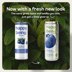 Happy Being Blueberry Sparkling White Tea can packaging with vibrant branding for easy grab-and-go.