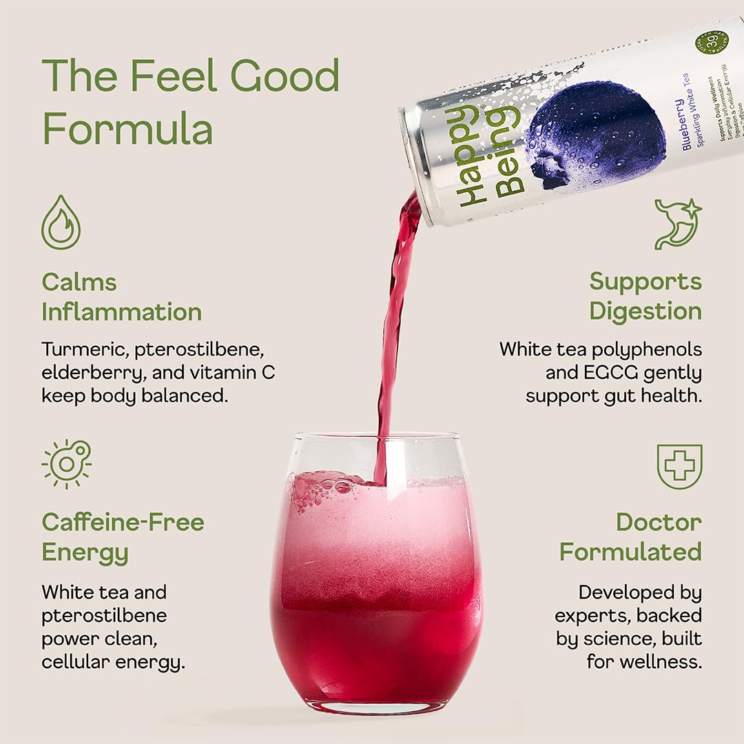 Happy Being Blueberry Sparkling White Tea ingredients scene shows turmeric, elderberry and blueberries.