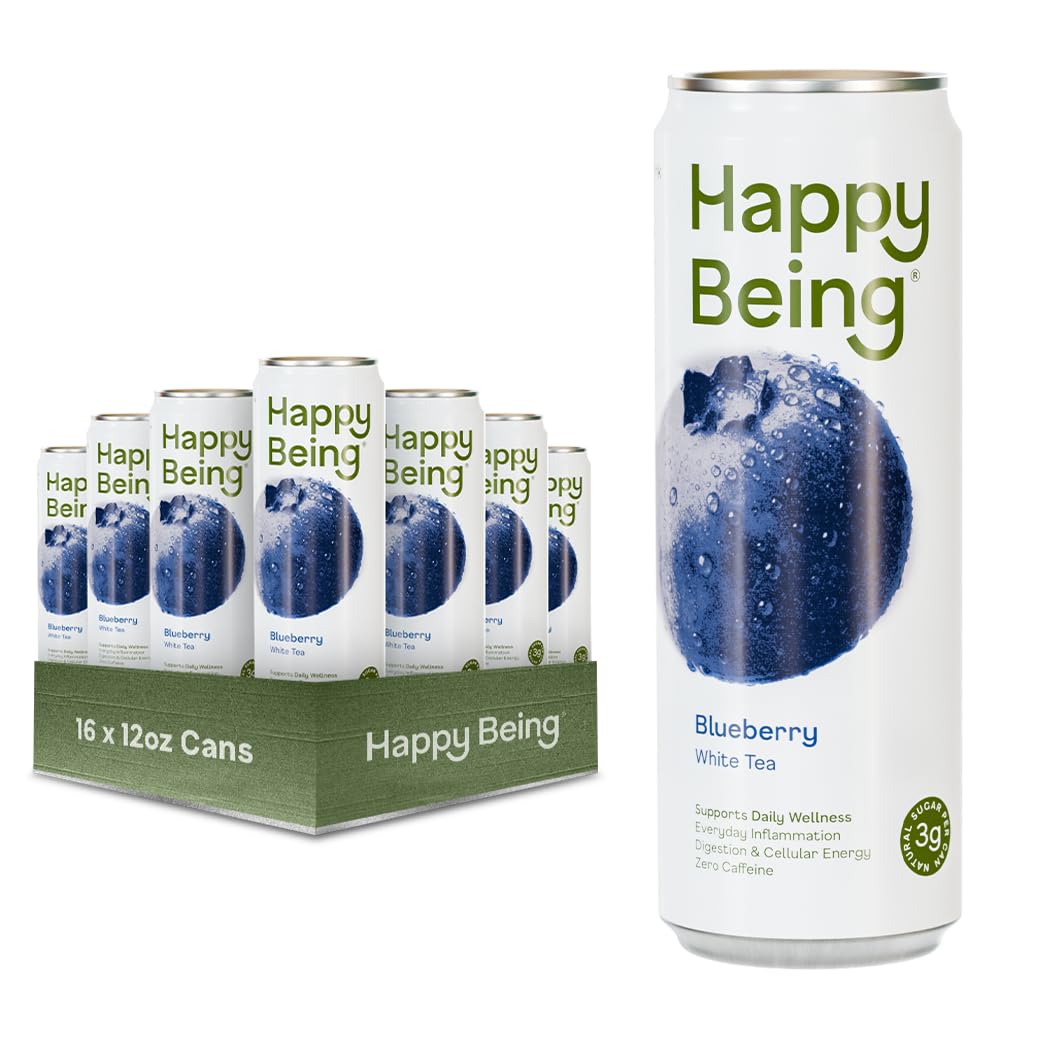 Happy Being Blueberry White Tea bottle—refreshing caffeine-free hydration.