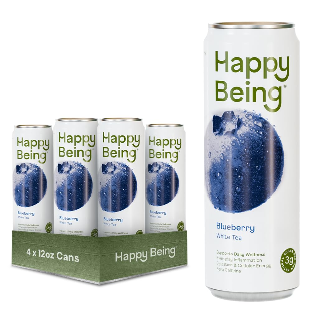 Happy Being Blueberry White Tea bottle highlighting antioxidant-rich formulation for daily wellness.