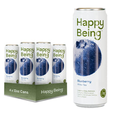 Happy Being Blueberry White Tea bottle highlighting antioxidant-rich formulation for daily wellness.