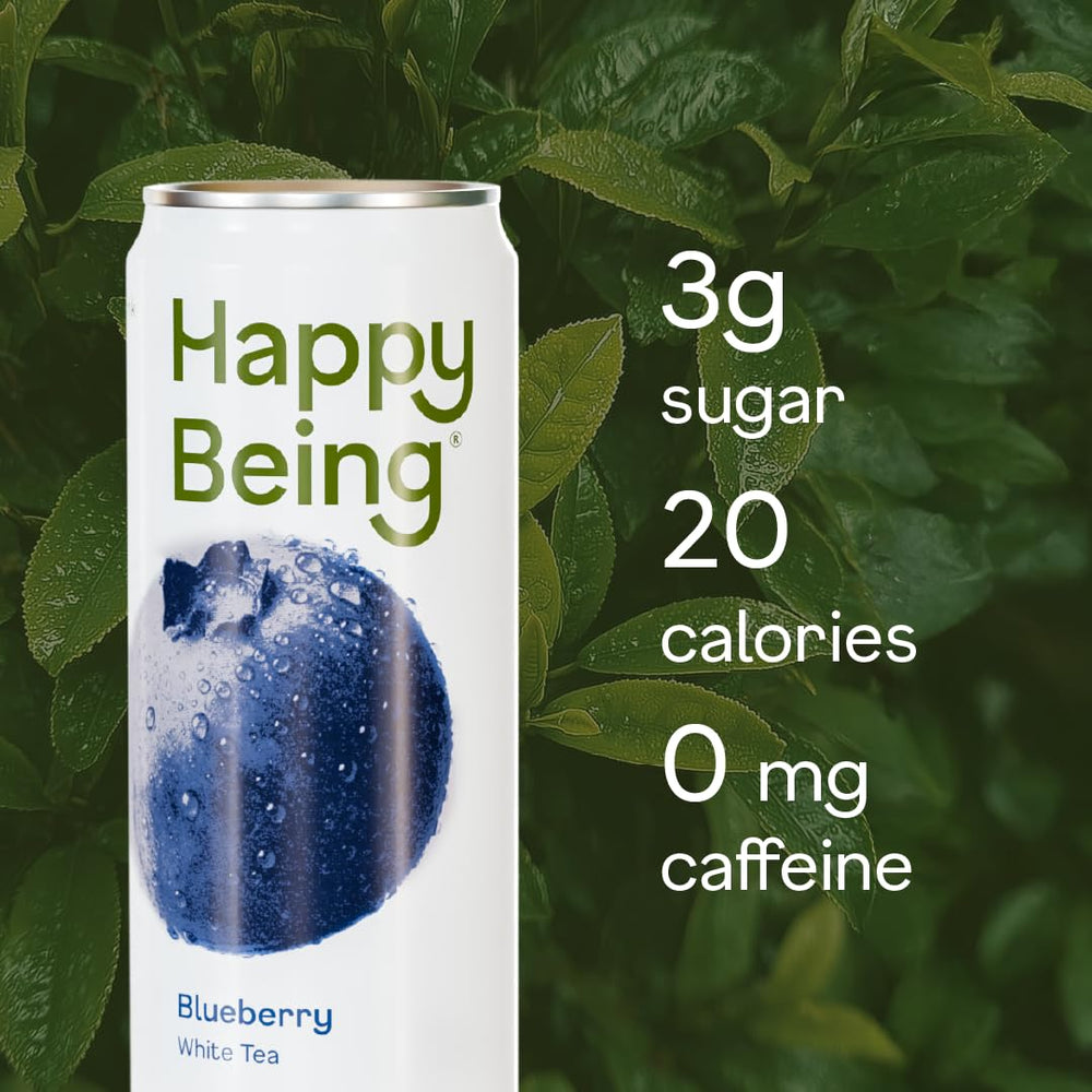 Happy Being Blueberry White Tea can conveys plant-based, low-calorie option for steady sipping.
