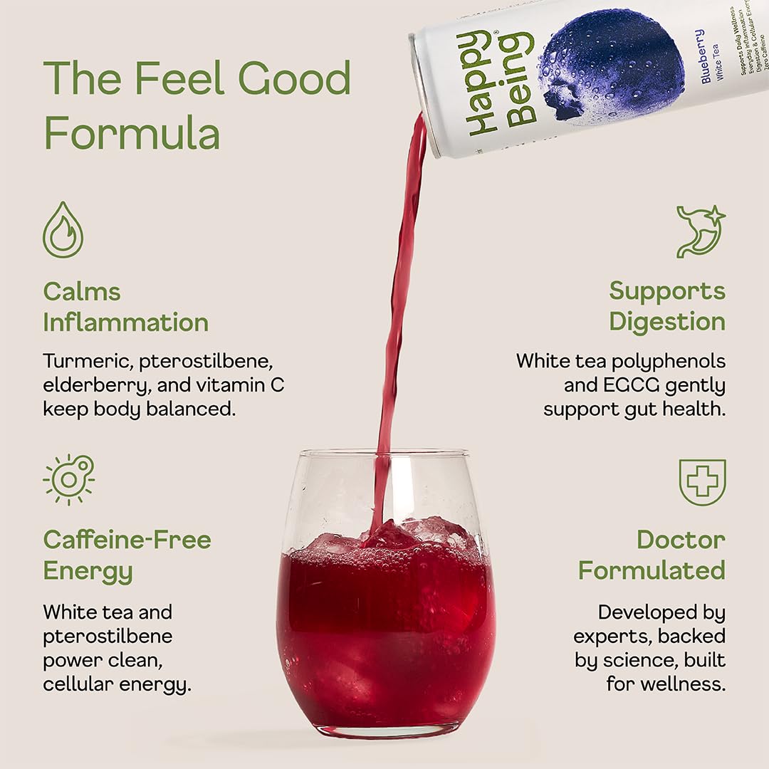 Happy Being Blueberry White Tea ingredients like turmeric and elderberry shown for flavorful wellness.