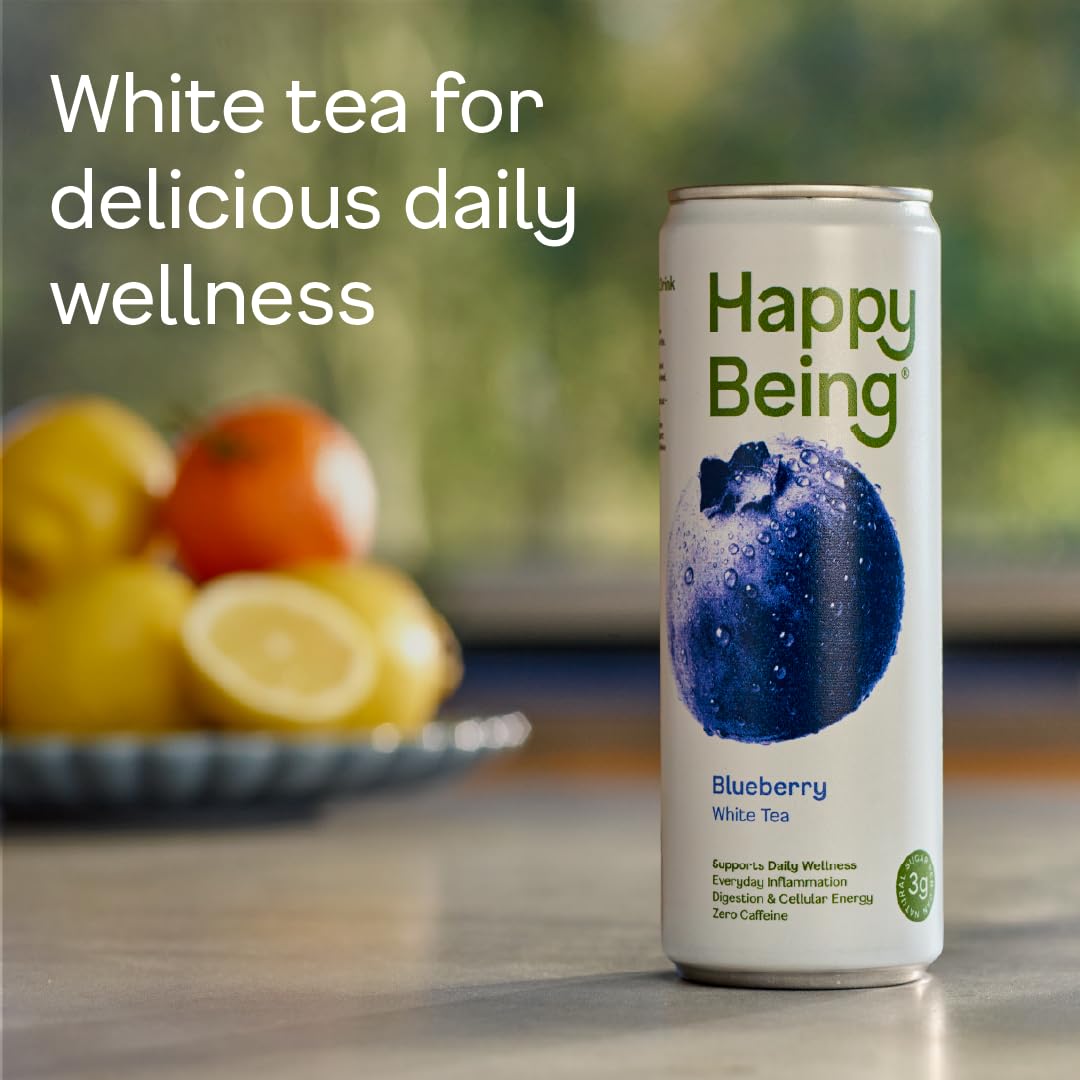 Happy Being Blueberry White Tea pour displaying caffeine-free refreshment for mindful moments.
