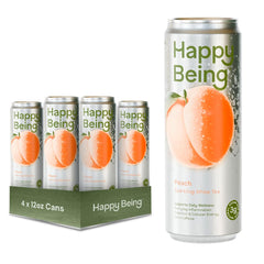 Happy Being Peach Sparkling White Tea bottle shows crisp, refreshing hydration.