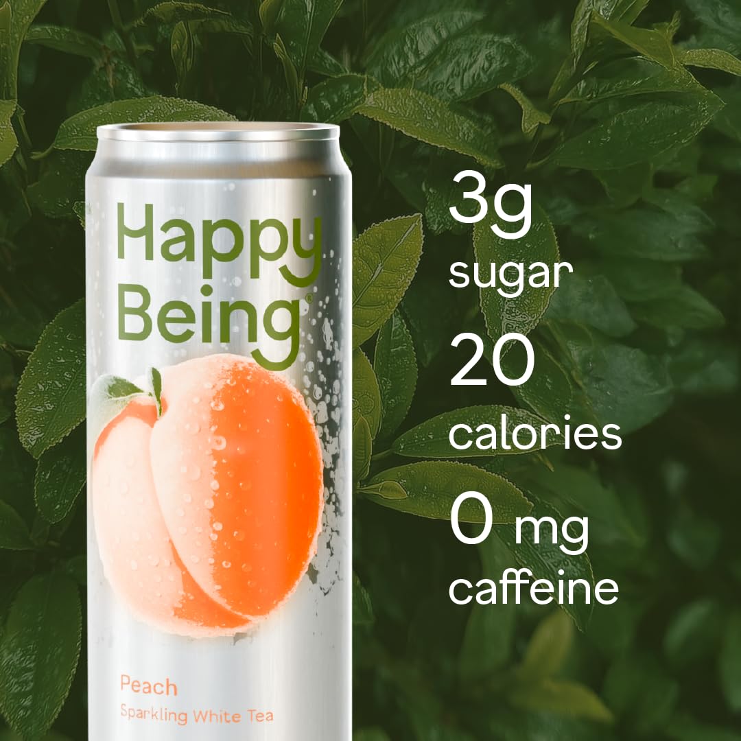 Happy Being Peach Sparkling White Tea on ice with peach aroma.