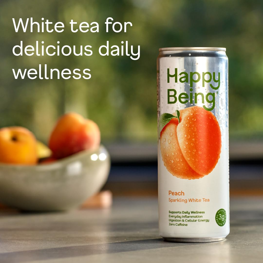 Label close-up of Happy Being Peach Sparkling White Tea highlighting natural ingredients.