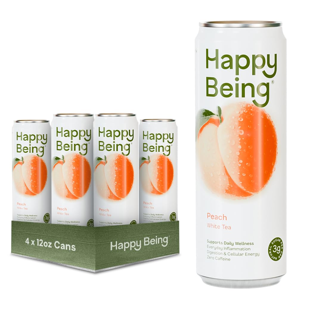 Happy Being Peach White Tea bottle pouring, caffeine-free refreshment for daily wellbeing