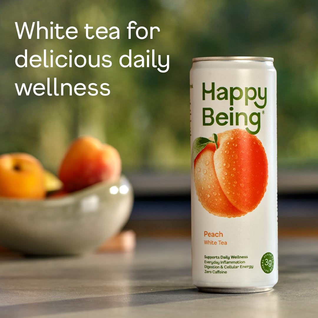 Closeup of Happy Being Peach White Tea ingredients turmeric and elderberry