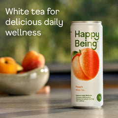 Closeup of Happy Being Peach White Tea ingredients turmeric and elderberry