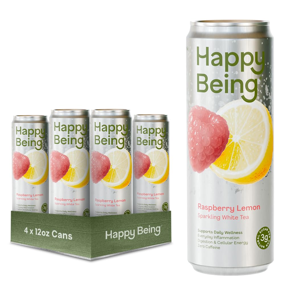 Happy Being Raspberry Lemonade Sparkling White Tea can — refreshing and antioxidant-rich.