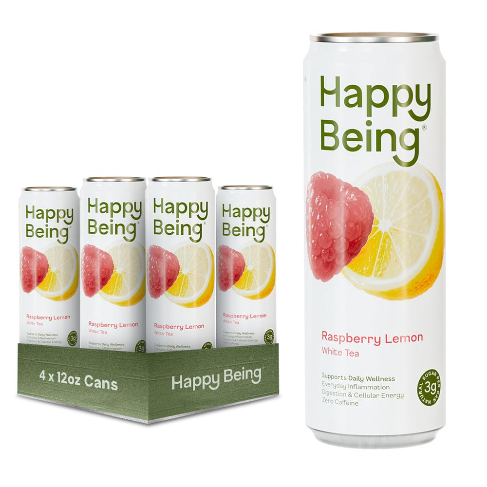 Happy Being Raspberry Lemonade White Tea bottle showcasing caffeine-free refreshment with antioxidants