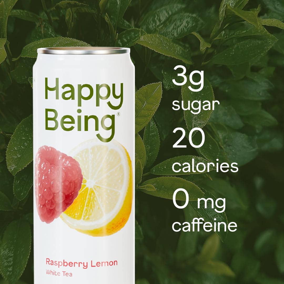 Happy Being Raspberry Lemonade White Tea label closeup highlights low sugar and vegan formula