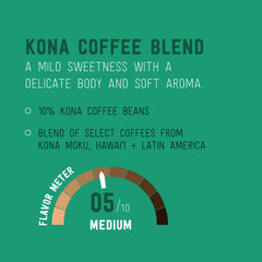 Happy Belly Kona Blend aroma and smooth flavors depicted in a cup scene.