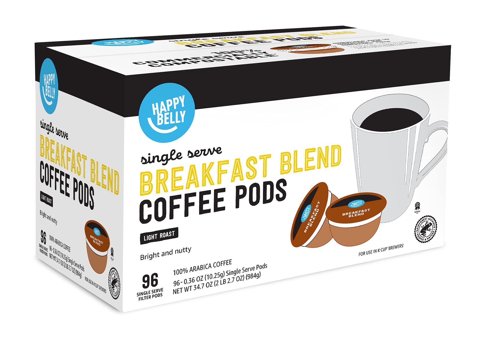 Light roast Happy Belly Breakfast Blend pods with inviting aroma