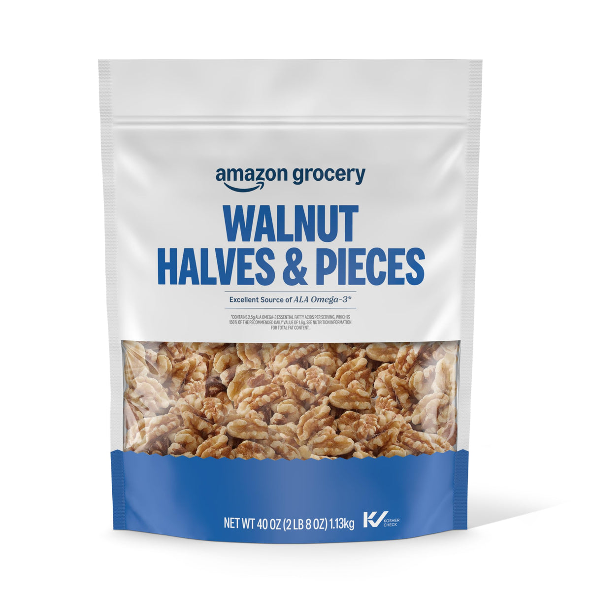 Happy Belly California Walnuts bag front, ready for snacking and baking.