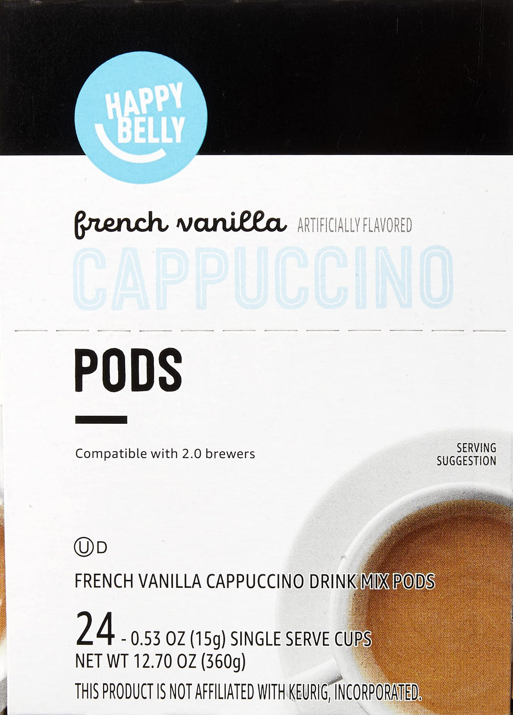 Brewing Happy Belly cappuccino pod in a K Cup brewer with vanilla scent