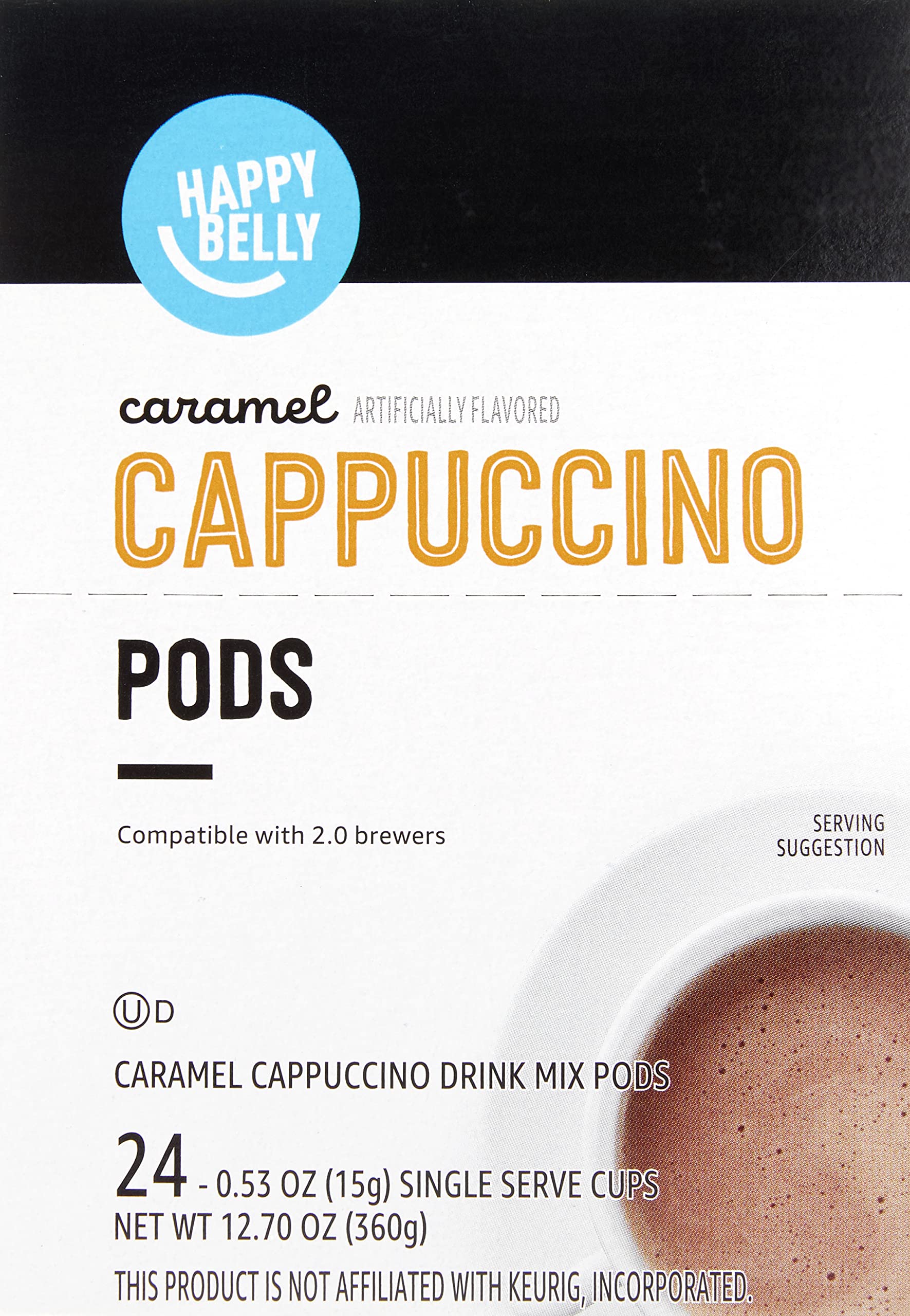 Brewed cappuccino cup with caramel swirl from Happy Belly pod