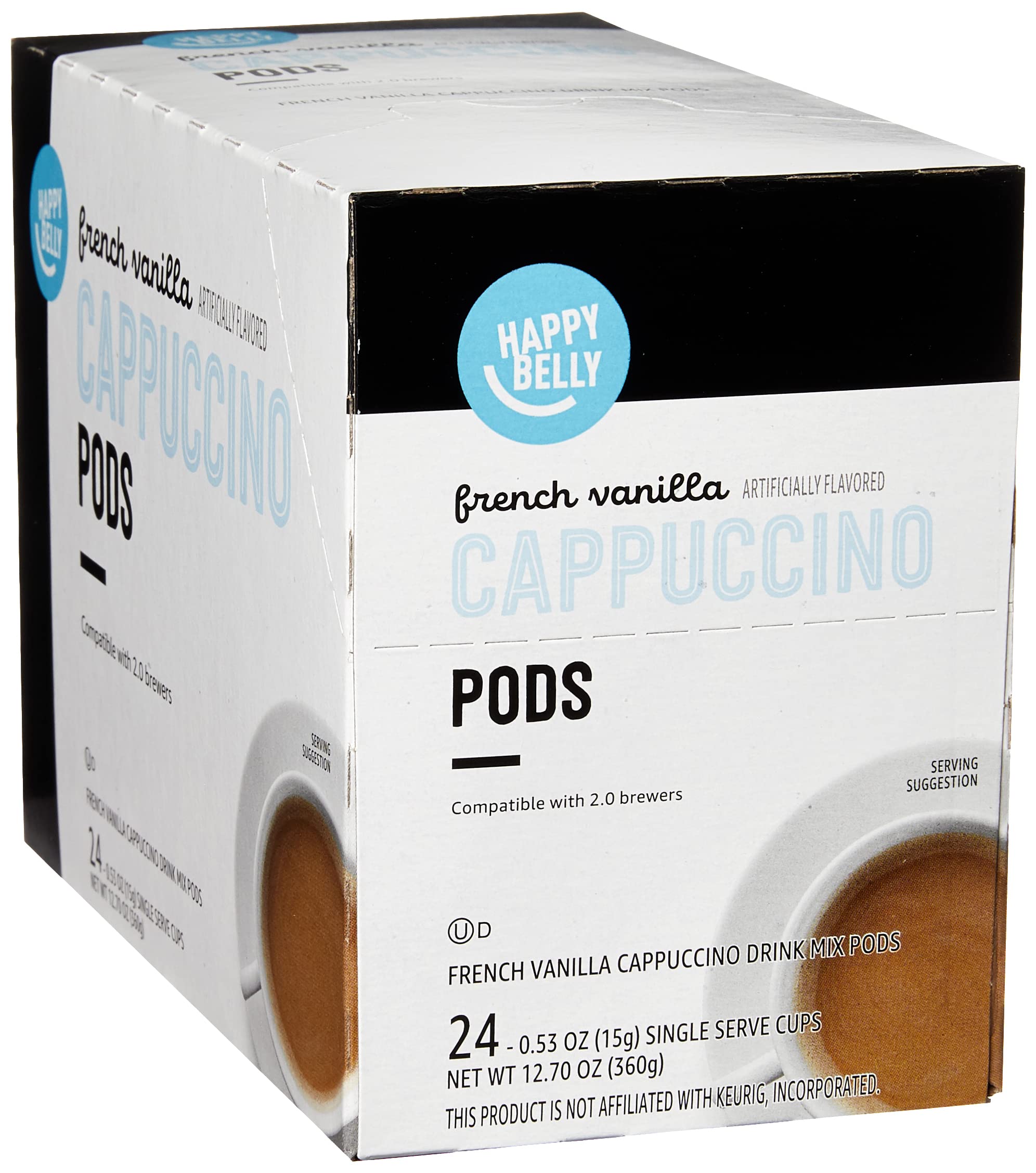 Happy Belly Cappuccino pods front view ready for use with vanilla aroma