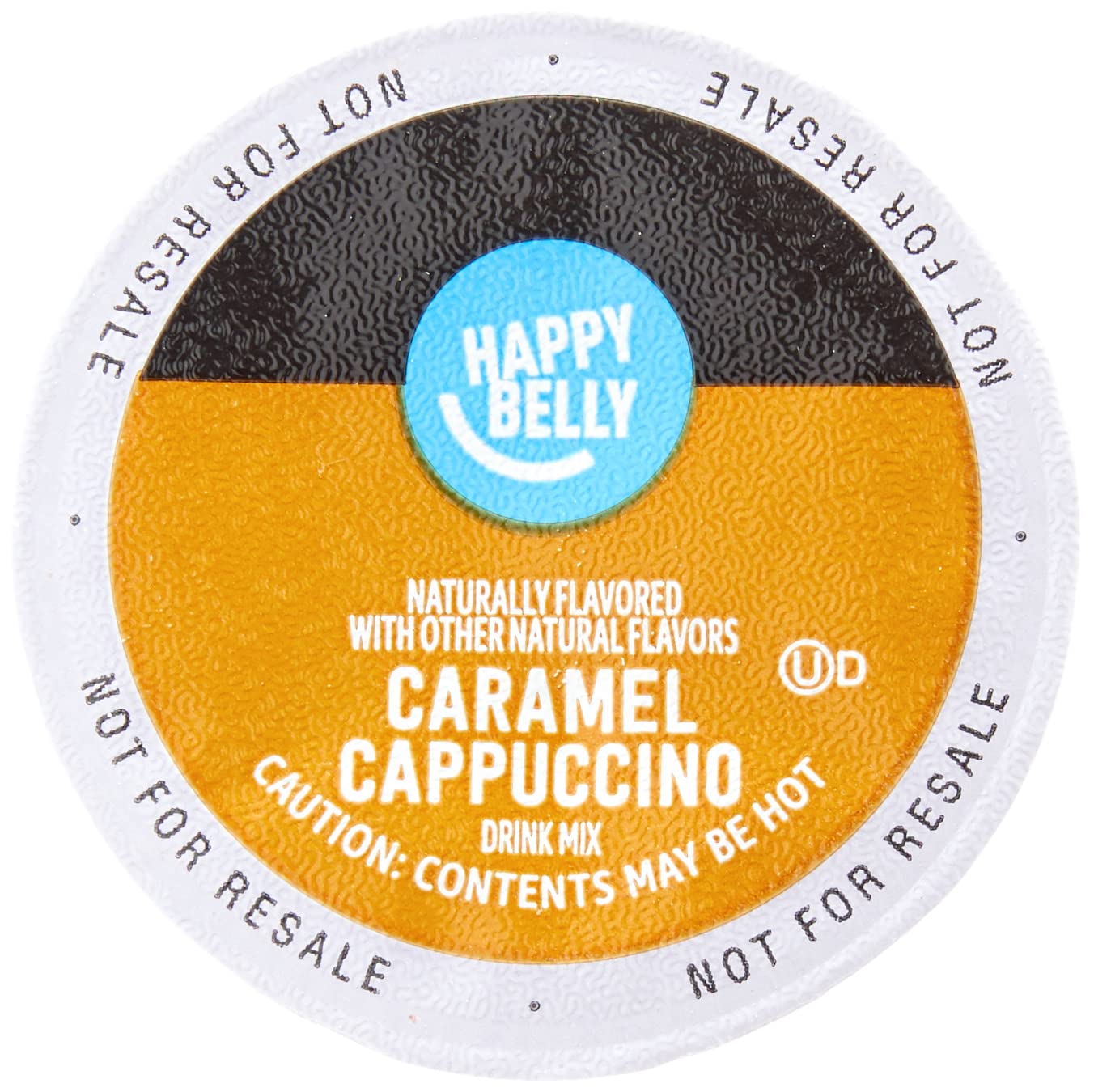Milk-containing Happy Belly pods suggesting creamy texture in cup