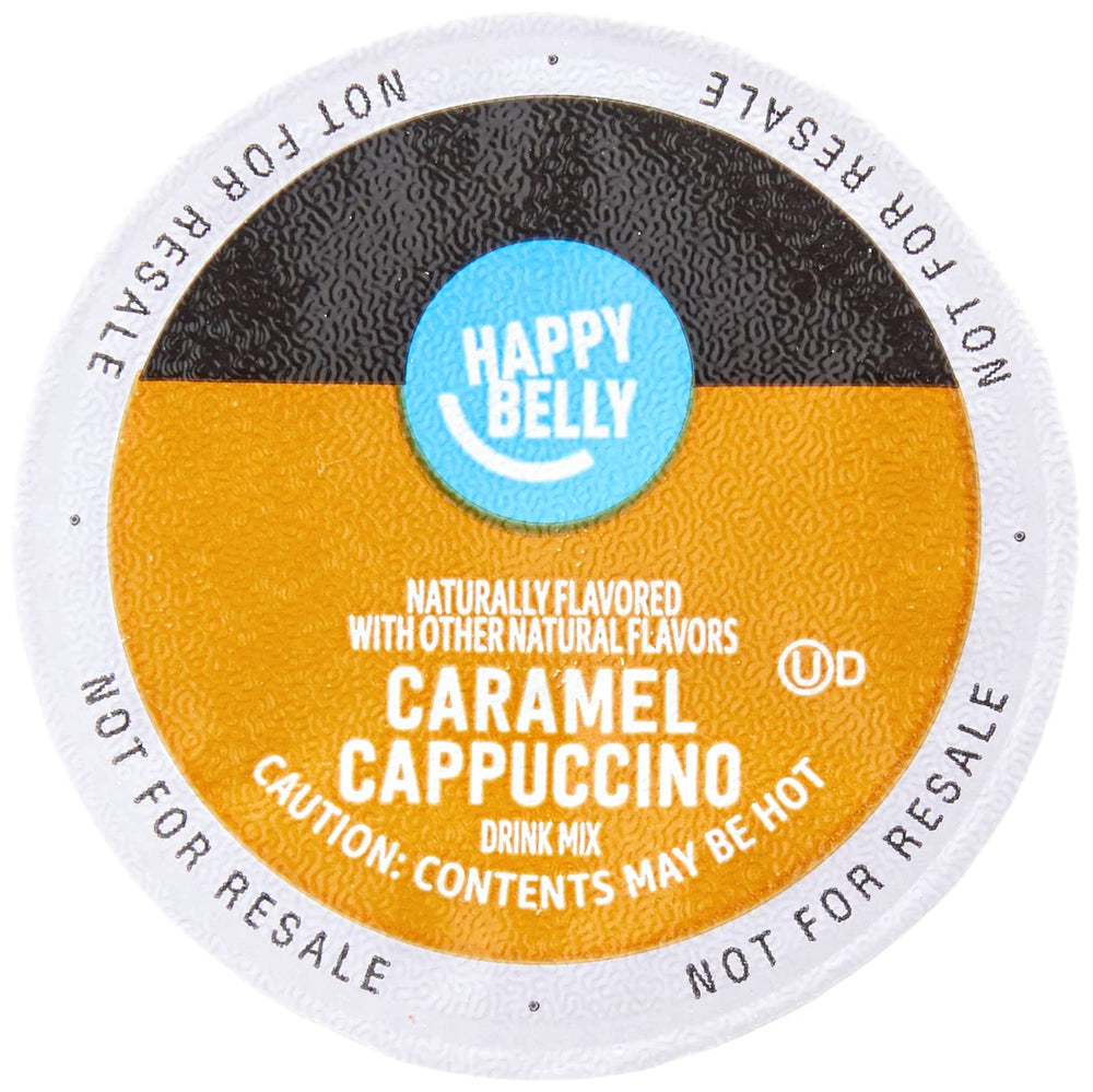 Milk-containing Happy Belly pods suggesting creamy texture in cup