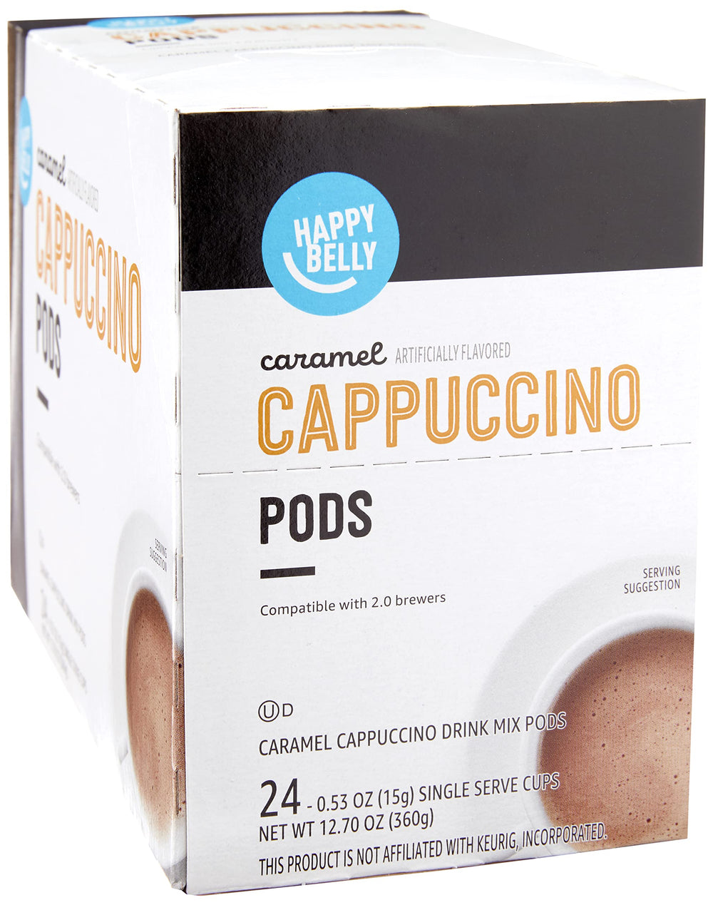 Happy Belly cappuccino pods pack shot highlighting caramel flavor and convenience