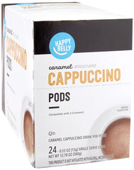 Happy Belly cappuccino pods pack shot highlighting caramel flavor and convenience