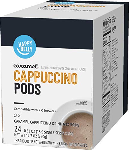 Stacked Happy Belly cappuccino pods emphasizing value