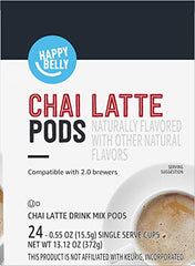 Happy Belly chai latte pods in a brew-mockup demonstrating brewer compatibility.