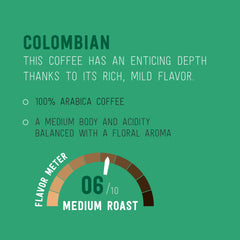 Happy Belly packaging for Colombian medium roast coffee pods