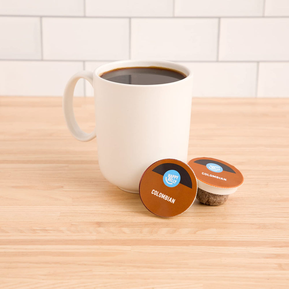 Happy Belly compostable coffee pods shown for eco-friendly brewing.