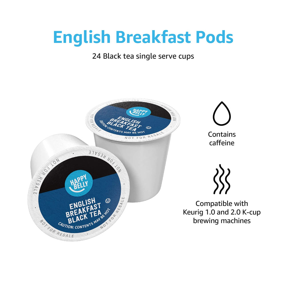 Close-up of Happy Belly English Breakfast pods showing uniform single-serve packaging.