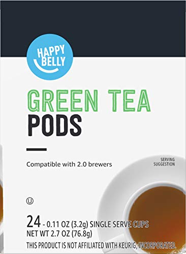 Happy Belly green tea pods show 1.0 and 2.0 brewer compatibility.