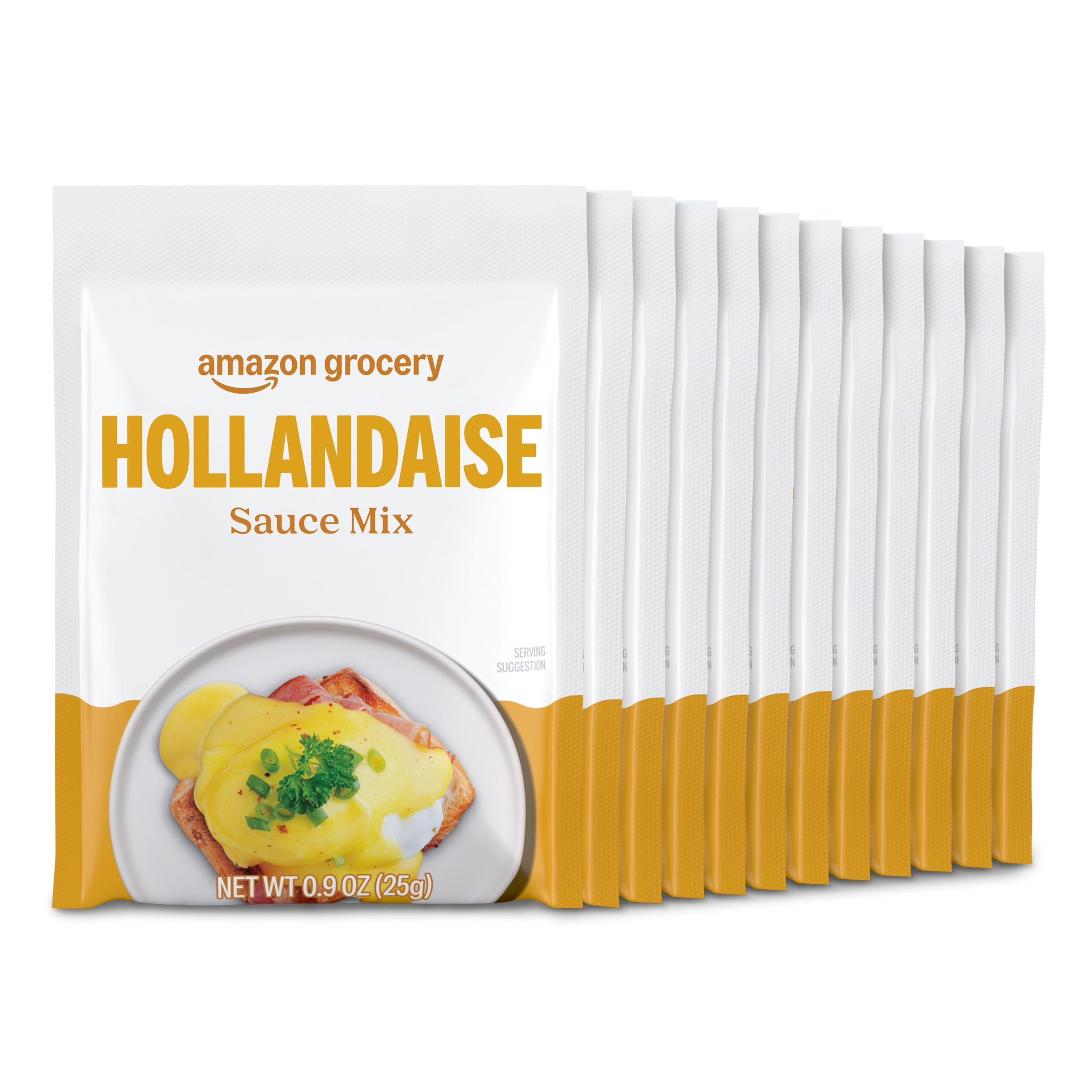 Happy Belly Hollandaise sauce mix packaging showing convenient 12-pack packets for quick meals