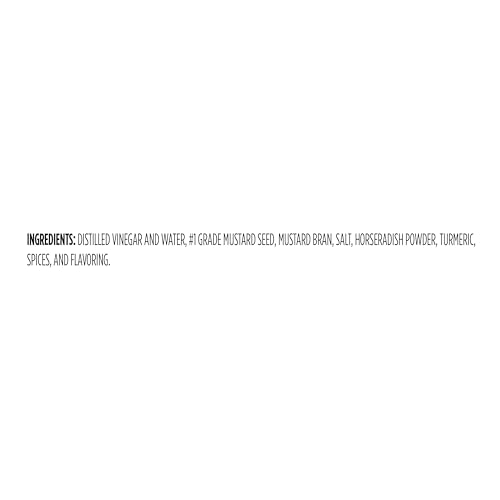 Happy Belly Horseradish Mustard bottle back, kosher certification and versatile flavor boost.