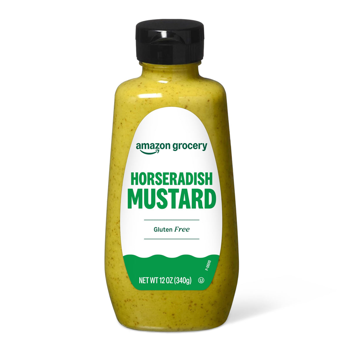Happy Belly Horseradish Mustard bottle front, tangy topping for burgers and pretzels.